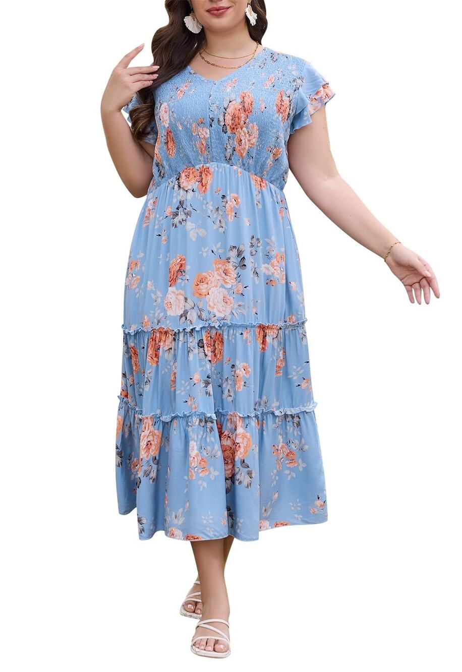 Keluumi Womens Maxi Dress 18 Plus Light Blue Floral Casual Smocked Tiered V Neck